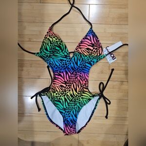 Bongo Junior's Black Rainbow Animal Cheetah Zebra Print Monokini Tie Swimsuit M